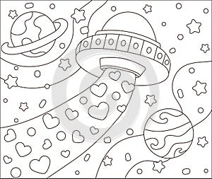 Space love themed coloring page for kids with cute spaceship with heart shapes