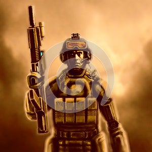 Space marine in suit with a rifle. Orange background.