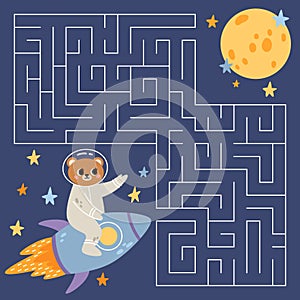 Space maze game for kids. Cute bear on a rocket looking for a way to the planet. Animal in galaxy. Printable worksheet.