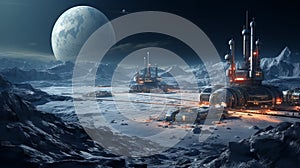 Space mining base operation on the moon surface, with planet Earth in the distance.ai generative