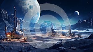 Space mining base operation on the moon surface, with planet Earth in the distance.ai generative