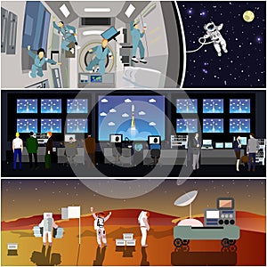 Space mission control center. Rocket launch vector illustration. Astronauts in space station and outer space.