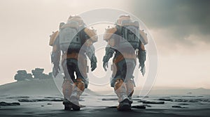 Space Mission: Dynamic Action Sequences of Armored Figures in Gray and Amber Style, Generative AI