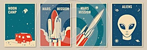 Space mission posters, banners, flyers. Vector illustration Concept for shirt, print, stamp. Vintage typography design
