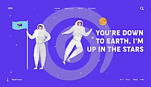 Space Mission and Traveling. Website Landing Page, Astronaut Holding Flag with Earth Image on Starry Sky Background