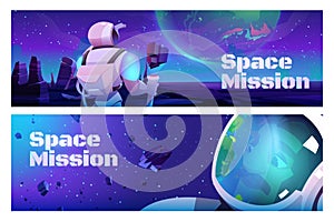 Space missions banner with astronaut on planet