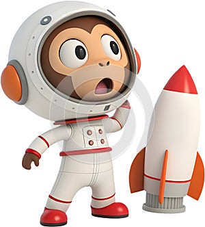 Space monkey astronaut soaring through space on a rocket. photo