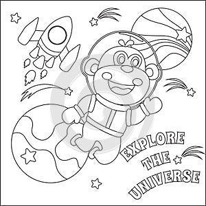 Space monkey or astronaut in a space suit with cartoon style. Creative vector Childish design for kids activity colouring book or