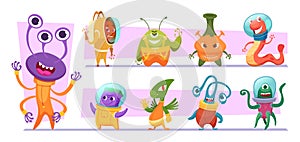 Space monsters. Funny crazy creatures humanoid monsters mysterious aliens exact vector illustrations of characters in