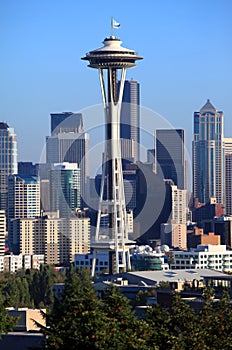 Space Needle tower and Seattle skyline.