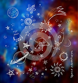 Space objects on blurred space background