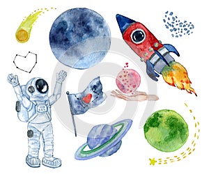 Space objects and explorers drawn watercolor set