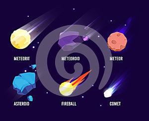 Space objects. Glowing universe astronomy set meteor asteroid vector comets collection in cartoon style