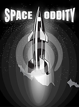 Space oddity. Rocket launch and text. Vector image retro black and white movie style photo