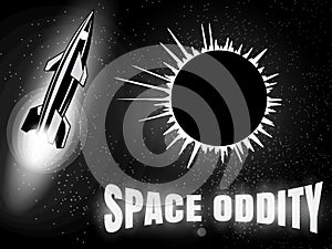 Space oddity. Rocket launch and text. Vector image retro black and white movie style photo