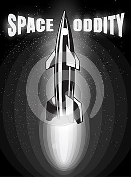 Space oddity. Rocket launch and text. Vector image retro black and white movie style