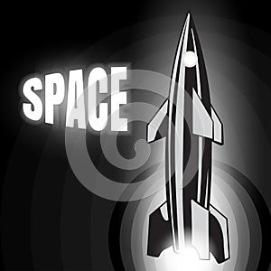 Space oddity. Rocket launch and text. Vector image retro black and white movie style