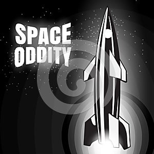 Space oddity. Rocket launch and text. Vector image retro black and white movie style photo