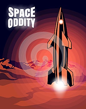 Space oddity. Rocket launch and text. Vector image retro black and white movie style