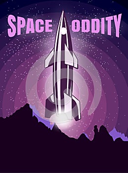 Space oddity. Rocket launch and text. Vector image retro black and white movie style