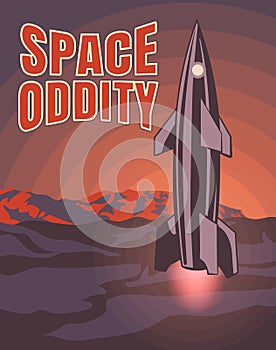 Space oddity. Rocket launch and text. Vector image retro black and white movie style