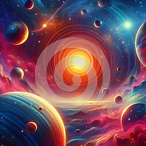 Space Odyssey Colorful planets and stars in a deep space scene photo