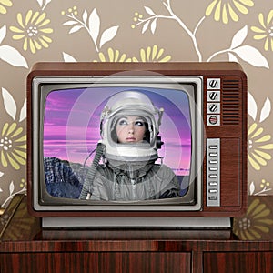 Space odyssey mars astronaut on retro 60s tv photo