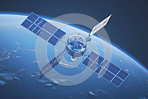 Space orbital satellite depicted in striking 3D rendering, aerospace concept