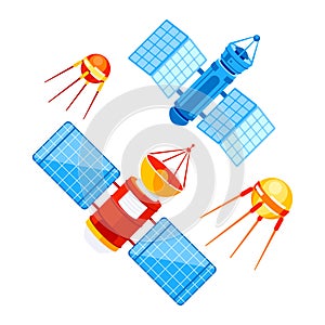 Space orbital satellite and dish antenna. GPS satellite. Radio transmitter in orbit