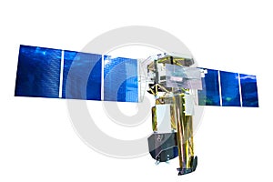 Space orbiting satellite with gold plating and blue shiny solar panels, isolated on white background
