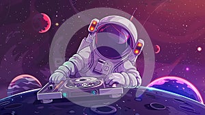 Space party cartoon flyers, invitations to music shows with astronauts DJing in open space, spaceman mixing techno