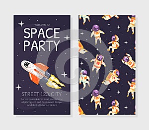 Space Party Invitation Card Template, Birthday Party in Cosmic Style Celebration, Greeting Card, Flyer Cartoon Vector