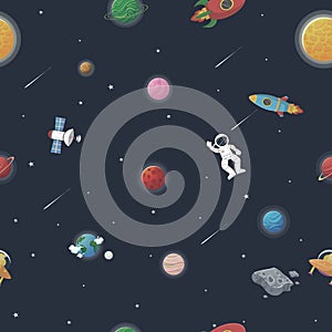 Space pattern with planets and stars. Astronaut