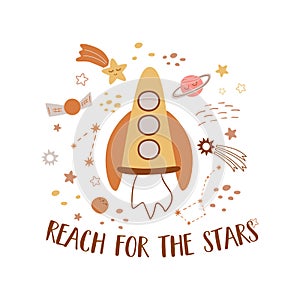 Space phrase, space quote. Baby space rocket print. Cute childish outer space elements, planets, stars, spaceship