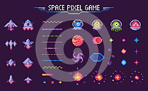 Space Pixel Game Spaceship and Plants Mosaic Set