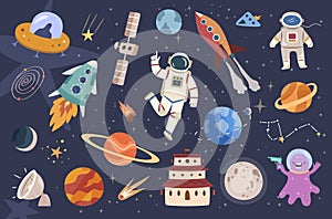 Space planet and astronauts, rocket and galaxy