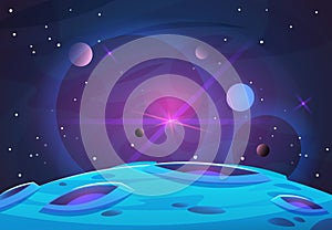 Space and planet background. Planets surface with craters, stars and comets in dark space. Vector illustration