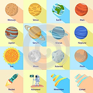 Space planet icon set, flat style