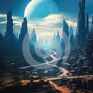 Space planet with mountains Futuristic fantasy landscape sci-fi landscape,