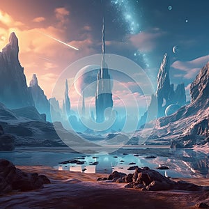 Space planet with mountains Futuristic fantasy landscape sci-fi landscape,