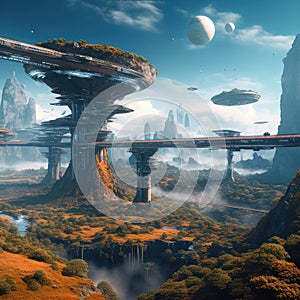 Space planet with mountains Futuristic fantasy landscape sci-fi landscape,