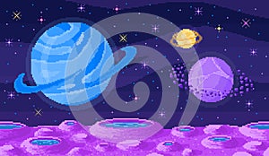 Space planet in pixel art. Pixelated landscape for game or application. 8 bit video game