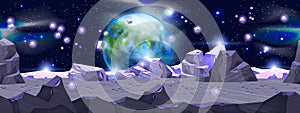 Space planet seamless landscape, vector alien surface background, purple rocks, night cosmic sky. Game futuristic ground view,
