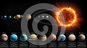 Space planet. Solar system universe galaxy infographics, earth map, astronomy banner, orbit Neptune, Moon, Jupiter