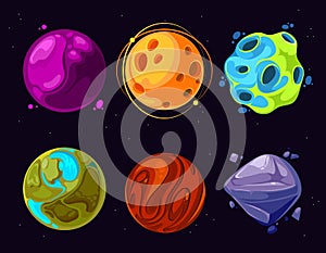 Space planets, asteroid, moon, fantastic world game vector cartoon icons