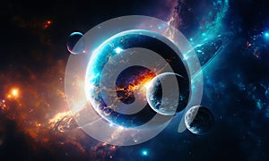 Space planets background. Distant planetscape in cosmos with exoplanets. Concept art