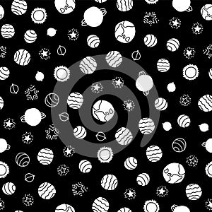 Space planets seamless vector pattern background. White hand drawn cosmic elements planets stars on black backdrop. For school,