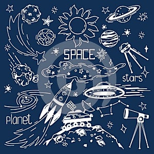 Space. Planets. Stars. Vector set of space elements on an isolated background. Doodle illustrations