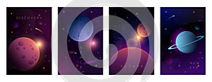 Space posters. Futuristic astronomy backgrounds with galaxy planets and asteroids. Nebula and comets. Universe discovery. Science