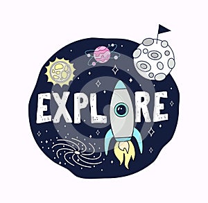 Space print concept. Explore space card with planets, stars and rocket. Cosmic greeting card or print design. Vector illustration